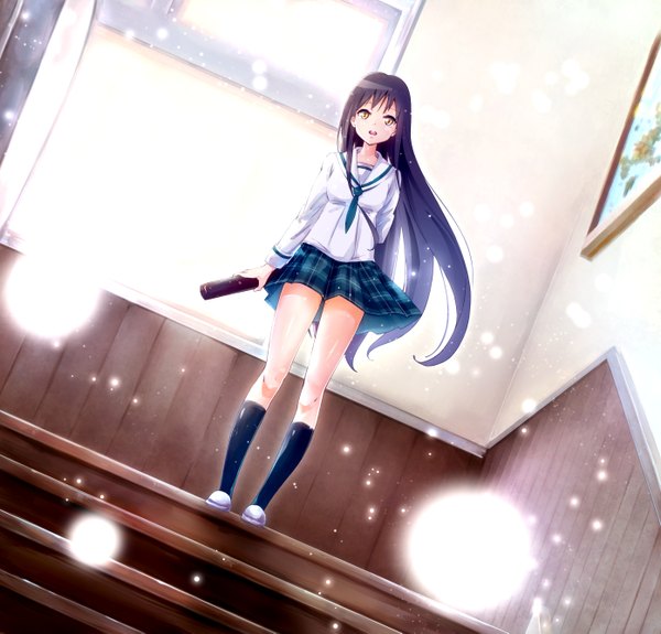 Anime picture 1394x1337 with original conone single long hair black hair brown eyes full body indoors wind sparkle dutch angle plaid skirt graduation girl skirt uniform school uniform socks window stairs