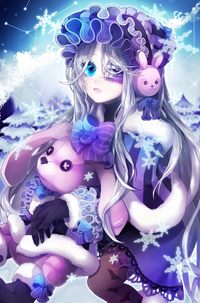 Anime picture 858x1295 with sword girls iri flina noa (artist) single long hair tall image looking at viewer open mouth blue eyes sitting silver hair constellation girl dress gloves pantyhose headdress star (stars) toy eyepatch