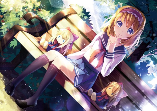 Anime picture 1409x1000 with touhou alice margatroid shanghai bison cangshu single looking at viewer fringe short hair blue eyes smile white background sitting pleated skirt sunlight dutch angle alternate costume finger to mouth girl skirt uniform