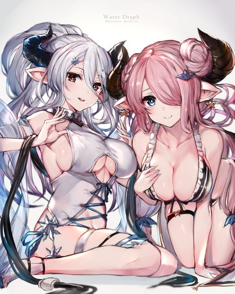 Anime picture 1322x1653 with granblue fantasy narmaya (granblue fantasy) narmaya (summer) (granblue fantasy) izmir watao long hair tall image looking at viewer fringe breasts open mouth blue eyes light erotic simple background smile hair between eyes red eyes large breasts sitting multiple girls