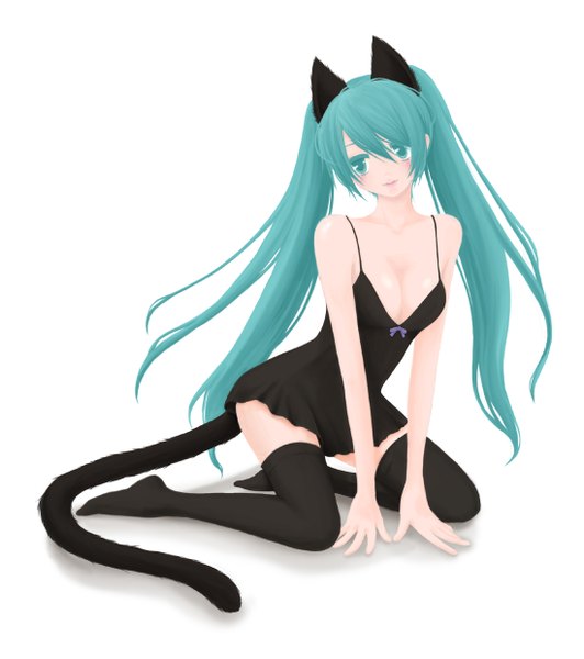 Anime picture 1100x1240 with vocaloid hatsune miku yukichi (snow blood) single tall image blush simple background white background twintails animal ears cleavage very long hair aqua eyes cat ears aqua hair cat girl cat tail girl thighhighs black thighhighs
