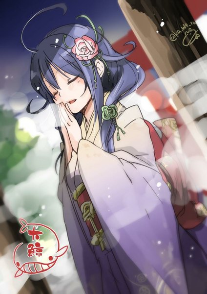 Anime picture 707x1000 with kantai collection taigei light aircraft carrier nerokuro single long hair tall image blush fringe open mouth signed blue hair ahoge eyes closed traditional clothes japanese clothes hair flower alternate costume praying girl hair ornament