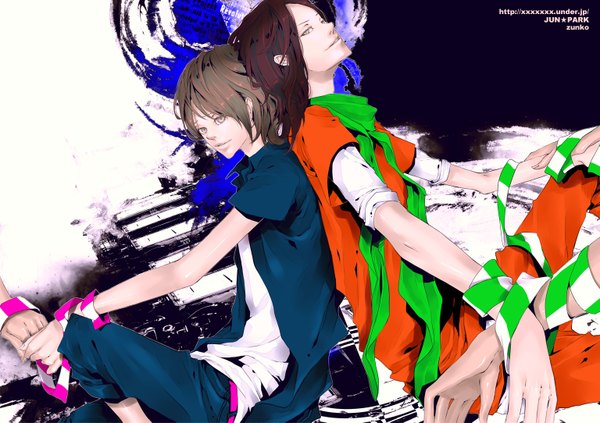 Anime picture 1536x1083 with zunko (jun park) smile brown hair purple hair pale skin back to back boy belt scarf pants caution tape