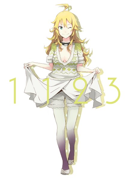Anime picture 848x1200 with idolmaster hoshii miki yoshito (u10) single long hair tall image looking at viewer blonde hair simple background smile white background green eyes cleavage ahoge one eye closed wink shadow happy birthday girl pantyhose