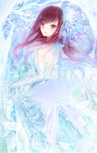 Anime picture 2874x4500 with fairy tail erza scarlet sanae (jomill04) single long hair tall image looking at viewer blush fringe highres breasts red eyes brown hair standing bare shoulders holding snow girl dress gloves