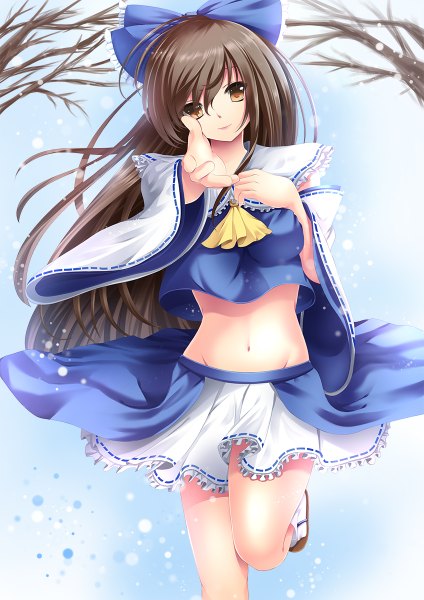 Anime picture 848x1200 with touhou hakurei reimu toshi (1-147) single long hair tall image looking at viewer black hair brown eyes traditional clothes midriff miko alternate color girl skirt navel bow hair bow detached sleeves skirt set