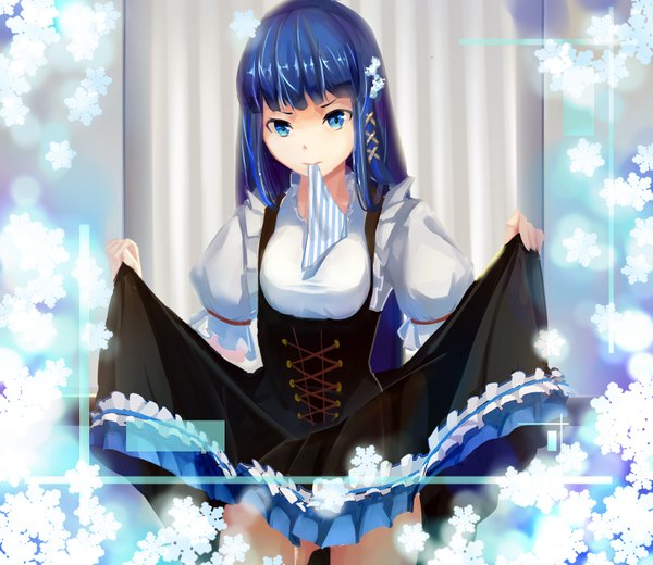 Anime picture 1592x1382 with mahouka koukou no rettousei shiba miyuki canzhajiang single long hair looking at viewer blue eyes light erotic holding blue hair mouth hold dress lift girl dress underwear panties striped panties snowflake (snowflakes)