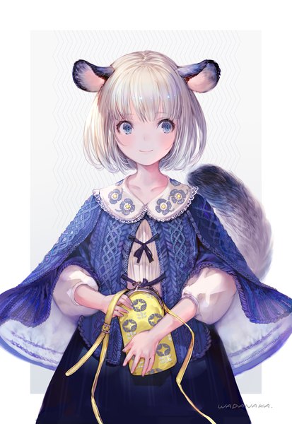 Anime picture 800x1162 with original wadanaka single tall image blush fringe short hair blue eyes smile standing holding signed animal ears looking away upper body white hair tail animal tail lipstick floral print