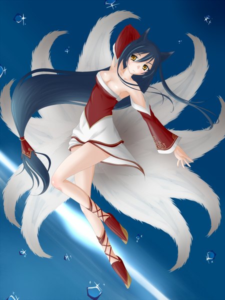 Anime picture 1200x1600 with league of legends ahri (league of legends) single tall image blush animal ears yellow eyes blue hair looking away very long hair animal tail multiple tails girl detached sleeves
