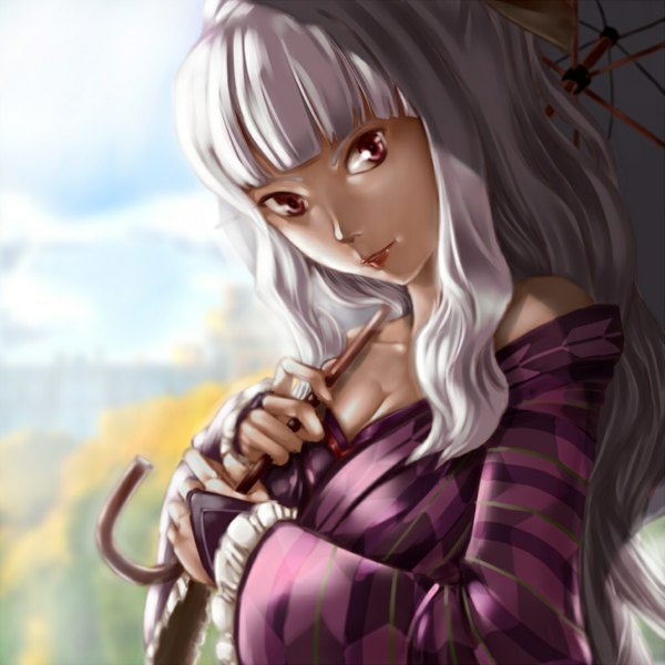 Anime picture 1024x1024 with idolmaster shijou takane lordless (artist) single long hair looking at viewer fringe breasts bare shoulders brown eyes cleavage silver hair traditional clothes japanese clothes profile lips girl umbrella