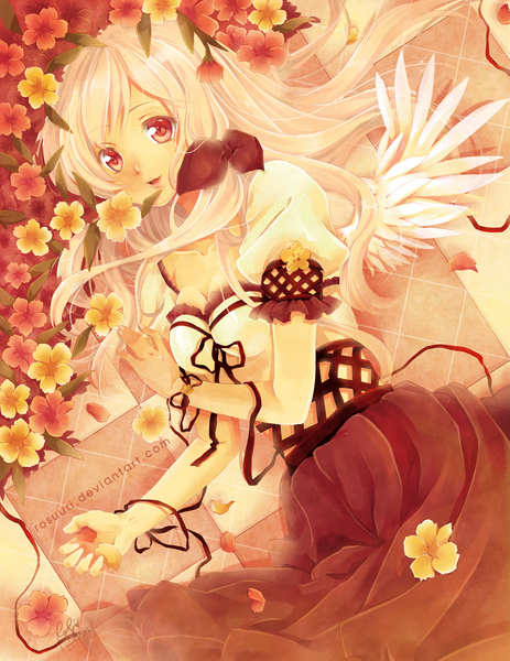 Anime picture 1000x1294 with original rosuuri single long hair tall image looking at viewer open mouth smile white hair pink eyes inscription girl dress flower (flowers) bow hair bow wings