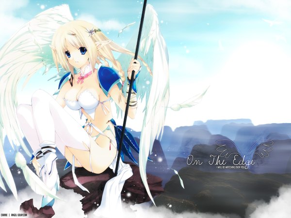 Anime picture 1600x1200 with messe-sanoh iizuki tasuku single long hair looking at viewer fringe breasts blue eyes light erotic blonde hair sitting payot sky cleavage full body braid (braids) parted lips pointy ears sunlight inscription