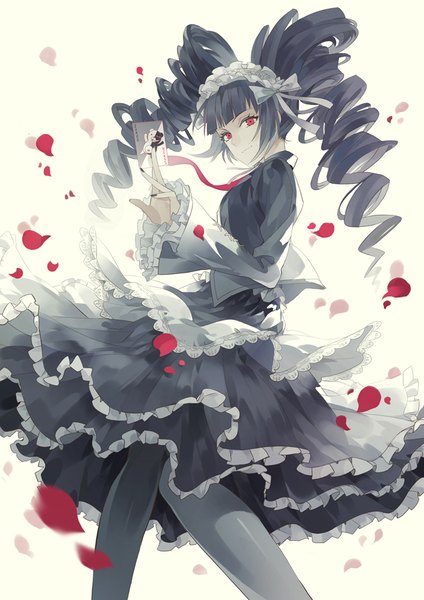Anime picture 630x891 with dangan ronpa monokuma celestia ludenberg rukun00 single long hair tall image looking at viewer fringe black hair simple background red eyes white background twintails payot blunt bangs nail polish drill hair lolita fashion goth-loli