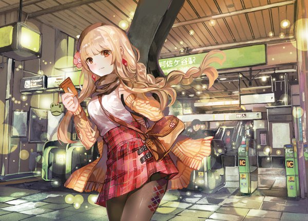 Anime picture 1209x867 with original rioka (southern blue sky) single long hair looking at viewer blush fringe blonde hair standing holding brown eyes indoors blunt bangs braid (braids) long sleeves light smile lens flare plaid skirt checkered girl