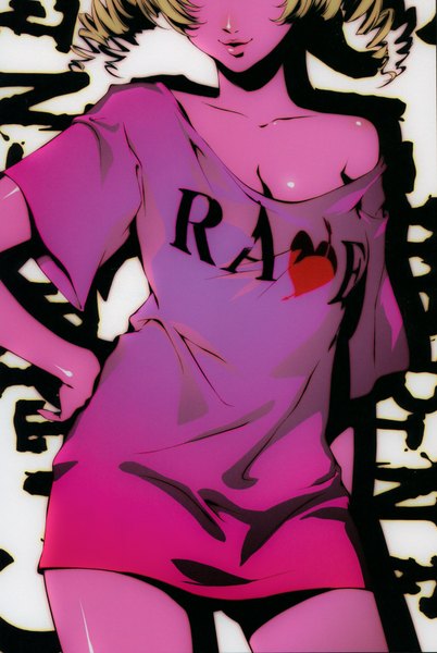 Anime picture 1200x1788 with catherine (game) catherine soejima shigenori single long hair tall image blonde hair smile bare shoulders scan off shoulder inscription shadow hand on hip drill hair head out of frame clothes writing hands on hips girl heart