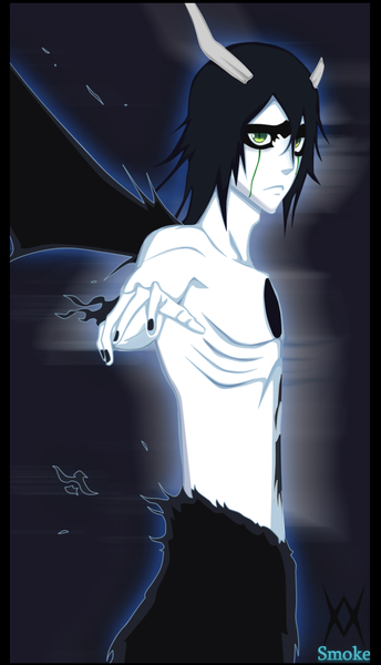 Anime picture 1024x1783 with bleach studio pierrot ulquiorra schiffer smokeeee single long hair tall image black hair green eyes nail polish horn (horns) coloring muscle espada boy wings