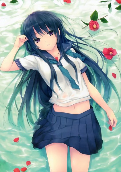Anime picture 4925x7000 with original shiramine rika coffee-kizoku single long hair tall image looking at viewer blush highres open mouth black hair purple eyes absurdres lying from above teeth bare belly wet on back wet clothes
