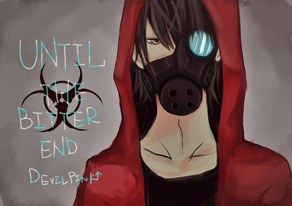 Anime picture 1150x813 with nico nico singer fukuwa tagme (artist) single looking at viewer fringe short hair black hair simple background brown eyes upper body grey background open jacket text english boy jacket hood gas mask