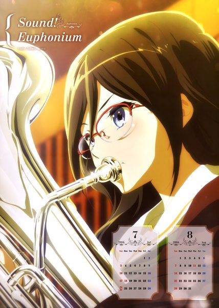 Anime picture 4969x6961 with hibike! euphonium kyoto animation tanaka asuka single long hair tall image blush highres blue eyes black hair absurdres scan calendar 2016 girl uniform school uniform glasses musical instrument calendar euphonium