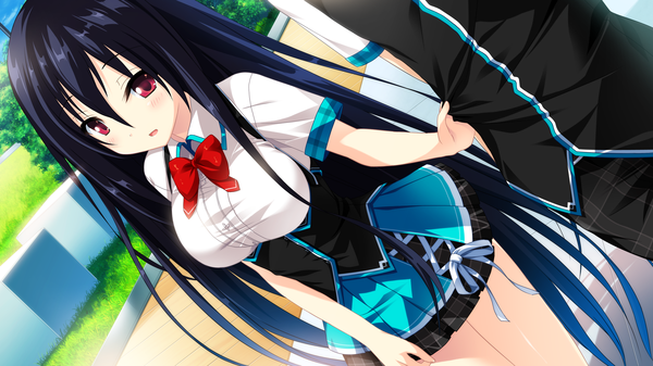 Anime-Bild 2560x1440 mit cocoro@function! hayami asagao long hair blush highres open mouth black hair red eyes wide image game cg girl uniform school uniform