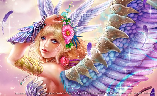 Anime picture 1631x1000 with perfect world usudahiro single long hair looking at viewer fringe blue eyes blonde hair wide image hair flower lips pointy ears head wings glow girl hair ornament flower (flowers) wings pendant feather (feathers)