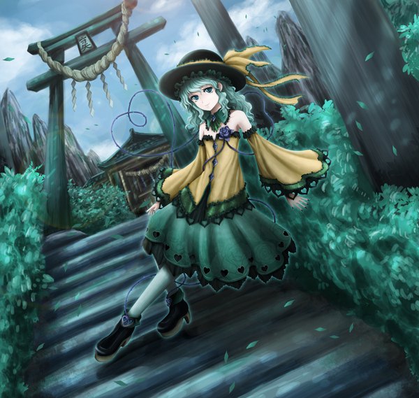 Anime picture 1500x1424 with touhou komeiji koishi skyspace (artist) single long hair green eyes long sleeves green hair heart of string girl plant (plants) hat tree (trees) heart stairs torii rope