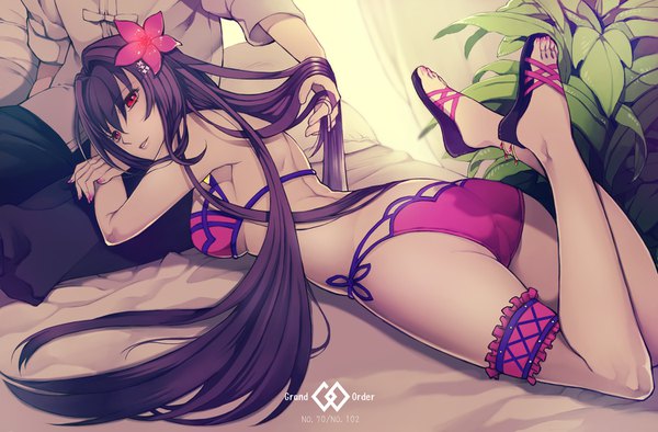 Anime picture 1500x985 with fate (series) fate/grand order scathach (fate) (all) scathach (swimsuit assassin) (fate) nishi juuji (artist) fringe breasts light erotic hair between eyes red eyes purple hair bent knee (knees) ass indoors lying very long hair nail polish looking back hair flower from behind