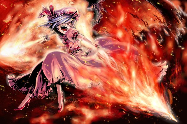 Anime picture 1800x1200 with touhou remilia scarlet chiro (pixiv) highres red eyes girl wings fire spear the gungnir