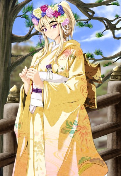 Anime picture 1378x2000 with touhou yakumo yukari suteru (stiel) tall image blonde hair purple eyes traditional clothes japanese clothes girl plant (plants) tree (trees) kimono wreath
