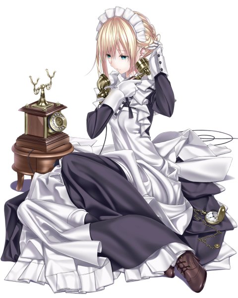 Anime picture 960x1200 with original doa (wabisabi) single tall image short hair blue eyes simple background blonde hair white background sitting maid girl dress gloves uniform white gloves headdress maid headdress apron clock