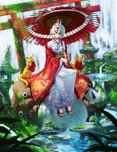 Anime picture 1027x1330 with original din (flypaper) tall image short hair sitting yellow eyes silver hair japanese clothes mask on head face paint rock girl plant (plants) water belt kimono umbrella mask oriental umbrella torii