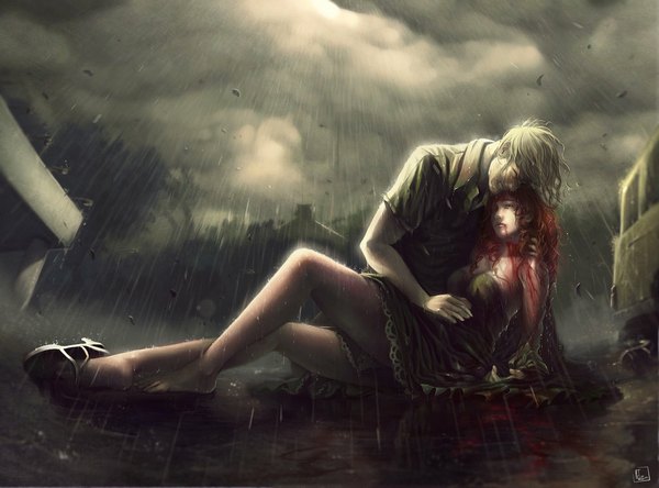 Anime picture 1024x758 with the lord of paderne rita vicente phungdinhdung long hair short hair blonde hair red hair rain crying girl dress boy blood