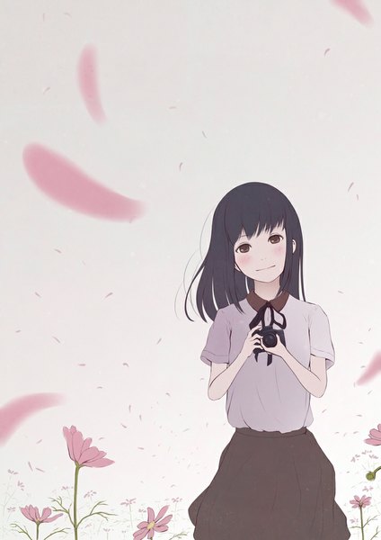 Anime picture 707x1000 with original oki (koi0koi) single long hair tall image looking at viewer blush black hair smile black eyes girl skirt flower (flowers) petals camera