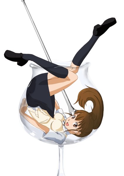 Anime picture 1234x1746 with working!! a-1 pictures taneshima popura single long hair tall image simple background brown hair white background brown eyes full body upside down waitress girl socks black socks spoon