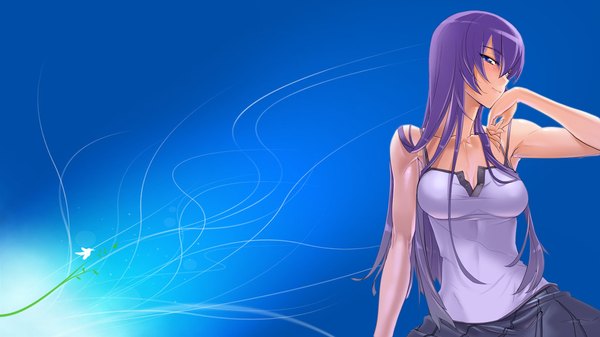 Anime picture 1920x1080 with highschool of the dead madhouse busujima saeko single long hair highres blue eyes smile wide image purple hair blue background girl