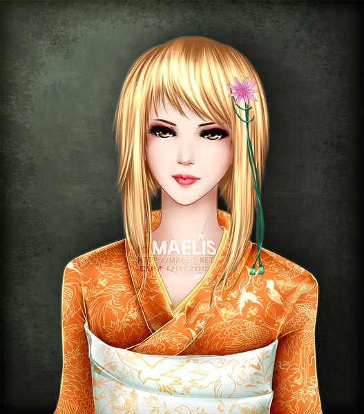 Anime picture 1000x1139 with original m-aelis single tall image short hair blonde hair yellow eyes traditional clothes japanese clothes hair flower lips lipstick red lipstick girl hair ornament flower (flowers) kimono