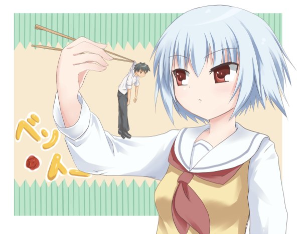 Anime picture 1200x937 with ben-tou david production yarizui sen satou you m-wataru (artist) short hair red eyes white hair girl boy uniform school uniform neckerchief chopsticks