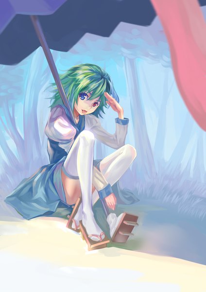 Anime picture 2480x3507 with touhou tatara kogasa xiamianliele (artist) single tall image looking at viewer highres short hair sitting green hair heterochromia :p girl thighhighs white thighhighs umbrella