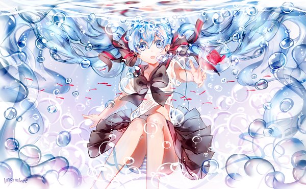 Anime picture 1500x925 with vocaloid hatsune miku bottle miku instockee single looking at viewer open mouth blue eyes light erotic wide image twintails blue hair very long hair pantyshot pantyshot sitting underwater revision liquid hair girl skirt