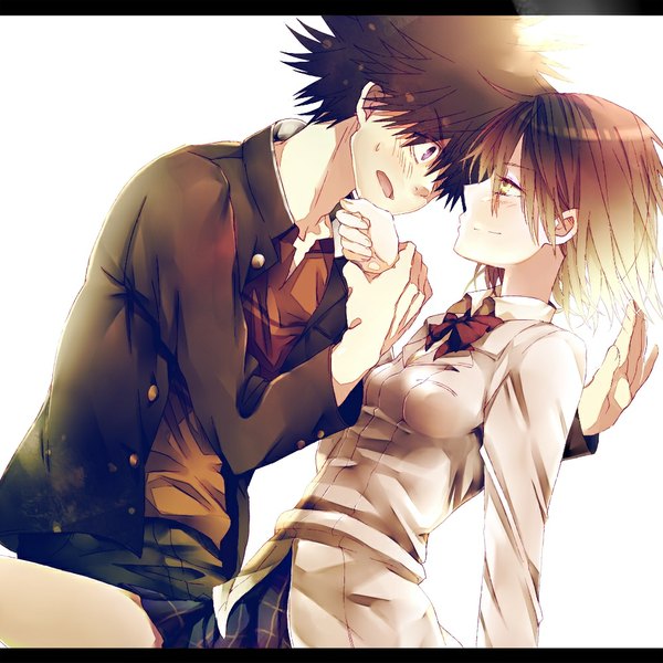 Anime picture 1000x1000 with to aru kagaku no railgun to aru majutsu no index j.c. staff misaka mikoto kamijou touma thor (index) kanata (mizubenisumutori) blush fringe short hair open mouth blue eyes black hair brown hair white background brown eyes profile light smile holding hands surprised