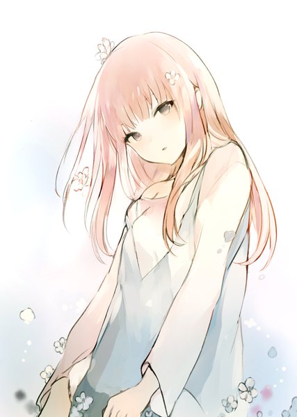 Anime picture 700x984 with original lpip single long hair tall image looking at viewer fringe simple background brown eyes pink hair head tilt hair flower gradient background girl dress flower (flowers) shirt white shirt