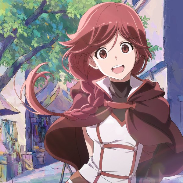 Anime picture 2560x2560 with hai to gensou no grimgar a-1 pictures yume (grimgar) single long hair looking at viewer fringe highres open mouth hair between eyes brown eyes upper body red hair braid (braids) head tilt :d official art teeth city single braid