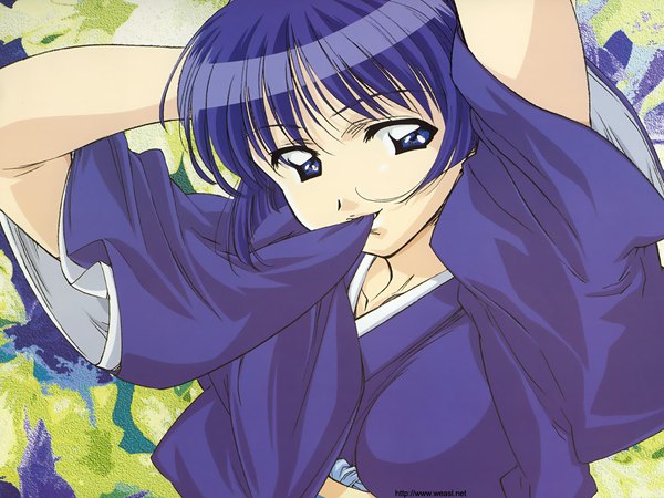 Anime picture 1024x768 with ai yori aoshi j.c. staff sakuraba aoi single short hair blue eyes blue hair traditional clothes hand on head girl