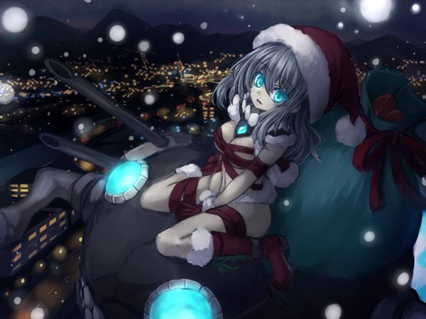 Anime picture 1400x1050 with kantai collection wo-class aircraft carrier oukawa yuu single long hair looking at viewer breasts light erotic sitting aqua eyes grey hair night arm support teeth glowing wariza snowing christmas winter snow