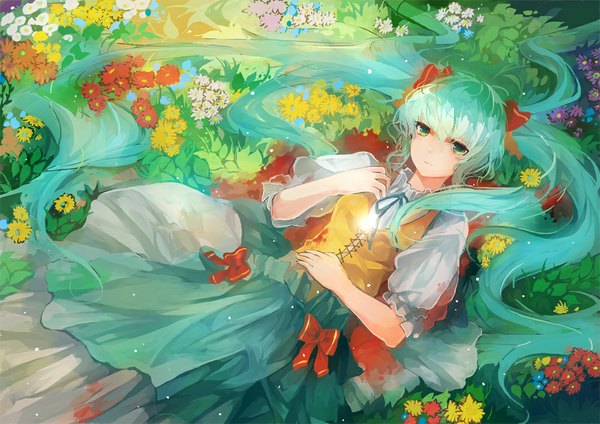 Anime picture 1000x707 with vocaloid hatsune miku zhuxiao517 single long hair twintails green eyes green hair girl dress flower (flowers) bow