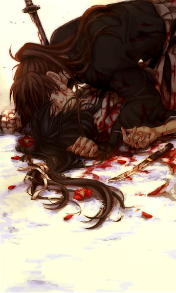 Anime picture 480x800 with rurouni kenshin himura kenshin yukishiro tomoe roukaku17 long hair tall image brown hair ponytail lying eyes closed traditional clothes profile on back couple lipstick snow red lipstick death girl boy