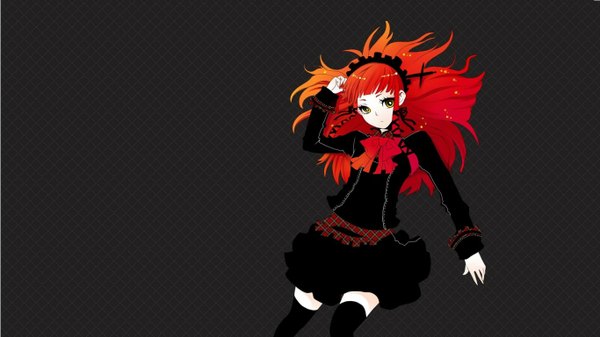 Anime picture 1366x768 with tagme (artist) single long hair fringe wide image yellow eyes red hair grey background zettai ryouiki girl thighhighs dress black thighhighs headdress