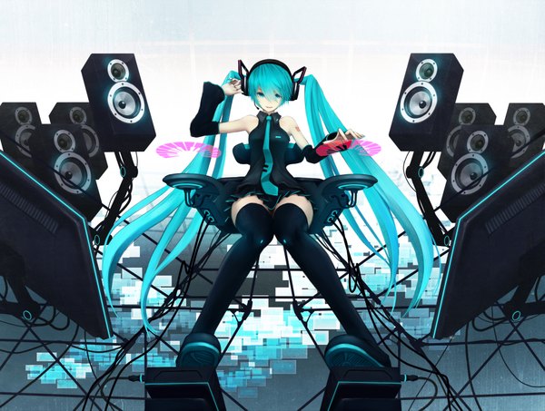 Anime picture 1971x1489 with vocaloid hatsune miku niou kaoru single highres sitting twintails green eyes very long hair green hair girl thighhighs skirt detached sleeves miniskirt necktie boots headphones headset monitor