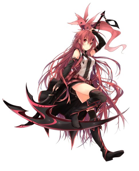 Anime picture 1500x1852 with kuwashima rein single long hair tall image blush simple background red eyes white background red hair girl thighhighs weapon black thighhighs boots dragon scythe