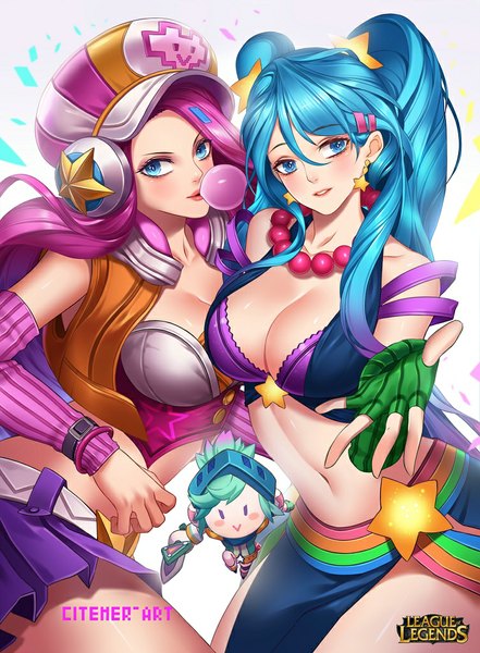 Anime picture 753x1024 with league of legends sona buvelle riven (league of legends) miss fortune (league of legends) arcade sona (league of legends) arcade miss fortune (league of legends) gu-ko citemer long hair tall image blush breasts blue eyes light erotic simple background white background twintails multiple girls blue hair pink hair green hair